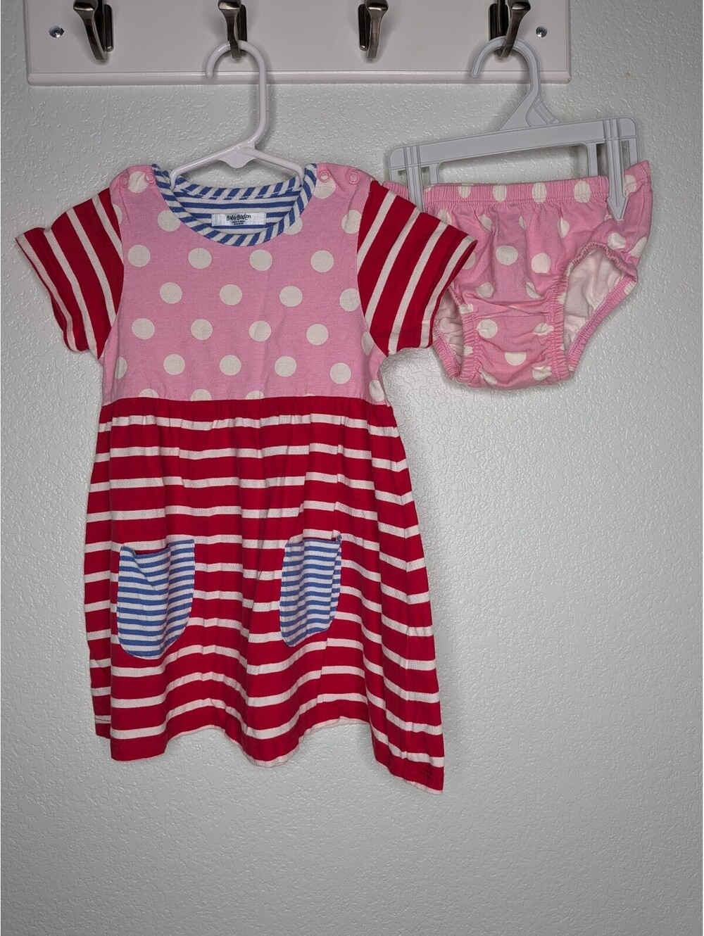 Baby Boden Girls Pink Polka Dot Striped Dress Bloomers Set 18-24M